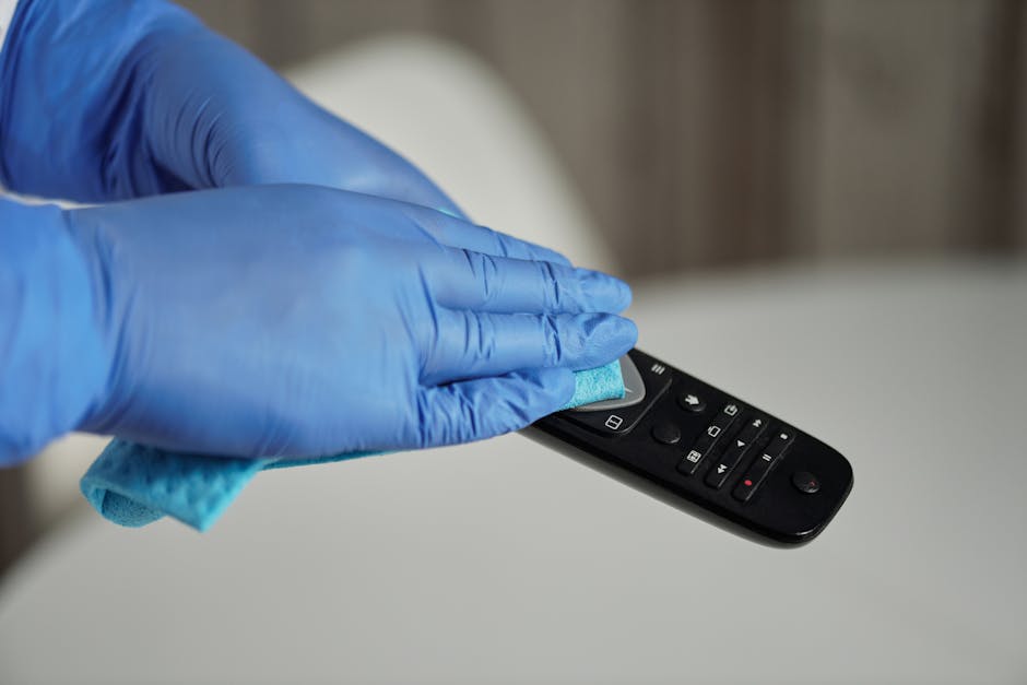 A person wearing orange rubber cleaning gloves is arranging or adjusting a lightbox sign on a wooden table that reads 'CLEANING HOME'. The background features a modern, well-lit living room with a gla